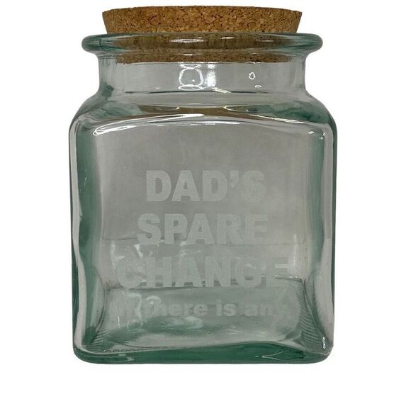 Dad’s Spare Change Jar Cork Lid Thick Clear Glass Made in Spain 5”x5”x7” READ - Picture 3 of 6